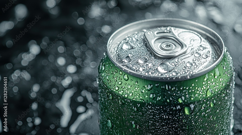 A green canned drink with water droplets, refreshment idea for hot summer days A green canned drink with water droplets, refreshment idea for hot summer days