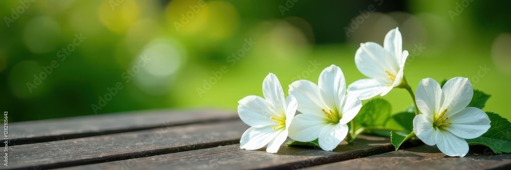 White campanula flowers on a wooden bench in a garden, petals, white, blossoms White campanula flowers on a wooden bench in a garden, petals, white, blossoms