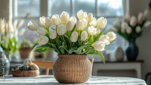 Beautiful white tulips arranged in a woven vase on a table during daylight in a cozy interior space