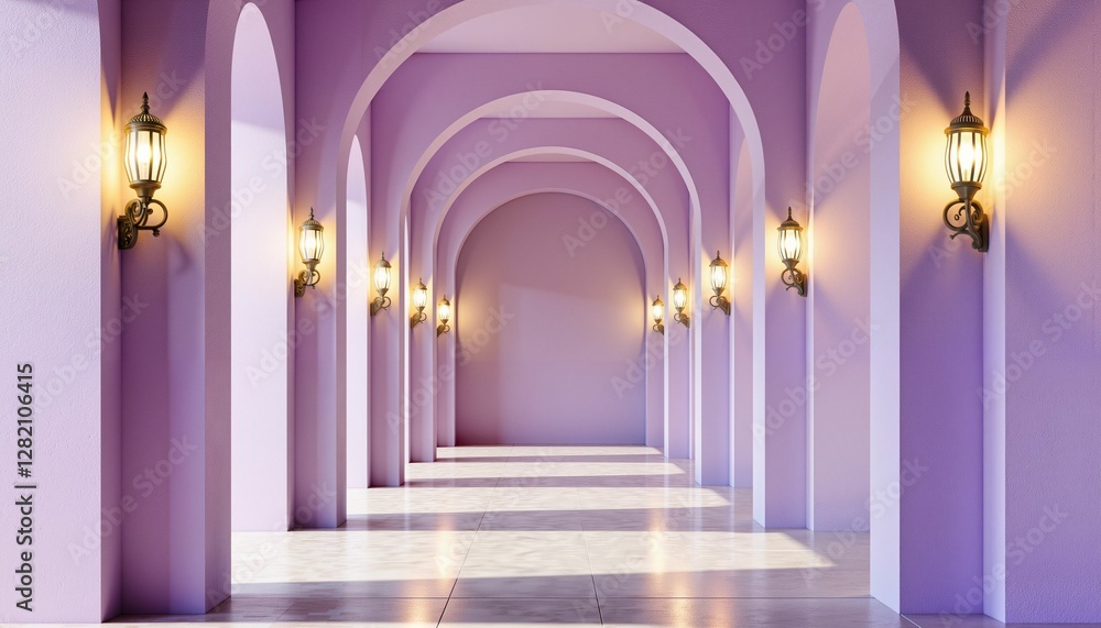 Obraz premium Ethereal soft lilac colonnade illuminated by golden lanterns, tranquility