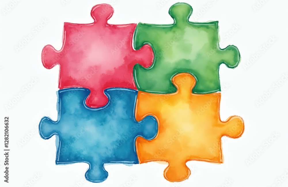 Obraz premium Watercolor illustration of bright jigsaw puzzle pieces. Colorful, vibrant picture. Blue, red, green, yellow colors. Perfect for kids room, educational materials, creative projects. Connection,