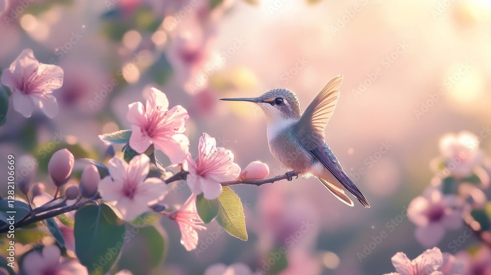 Obraz premium Hummingbird Hovering Near Delicate Pink Blossoms