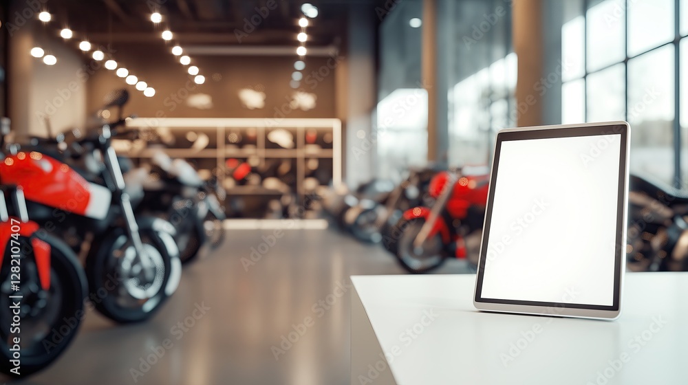 Fototapeta premium white tablet with blank white screen. Background white desk motobike showroom