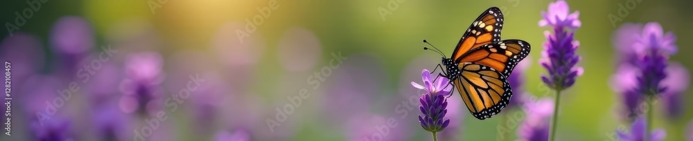 Fototapeta premium A monarch butterfly perched on a lavender flower, close-up, nature