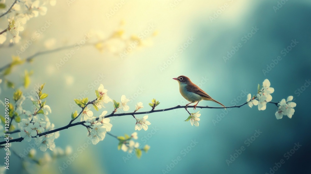 Small Bird Perched on Branch with White Blossoms Small Bird Perched on Branch with White Blossoms