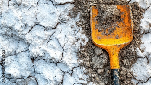 A shovel scoops dirt from a cracked landscape for agriculture or exploration use