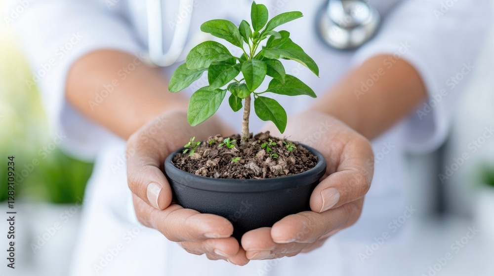 Doctor holding small plant in hands, symbol of health and growth, medical office background Doctor holding small plant in hands, symbol of health and growth, medical office background