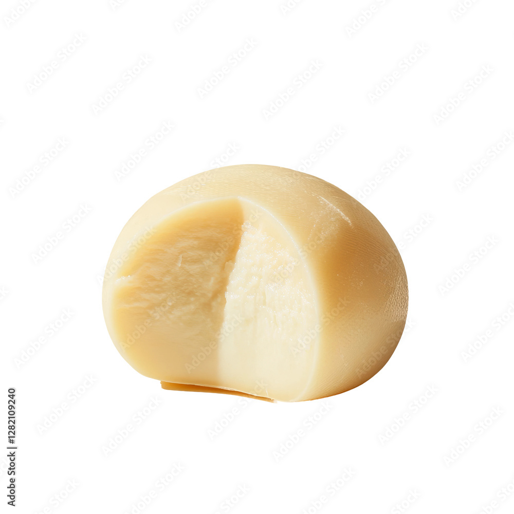 a beautiful and smooth round milk-colored suluguni cheese lies on a white table a beautiful and smooth round milk-colored suluguni cheese lies on a white table