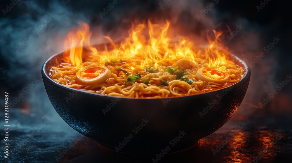 A glowing neon sign outline sketch of ramen in a black wall A glowing neon sign outline sketch of ramen in a black wall