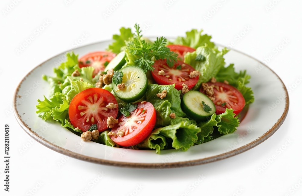 Salad with lettuce, tomatoes, cucumbers on plate. Fresh green leaf vegetable dish, healthy diet eating, nourishment on white background. Vegetarian nutrition recipe ingredient close up. Salad with lettuce, tomatoes, cucumbers on plate. Fresh green leaf vegetable dish, healthy diet eating, nourishment on white background. Vegetarian nutrition recipe ingredient close up.