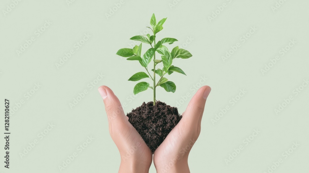 Hands holding sapling, growth, green background, environmental conservation Hands holding sapling, growth, green background, environmental conservation