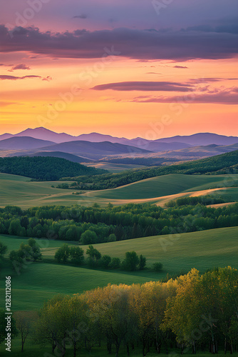 Wallpaper Mural Enveloping Serenity: A Panorama of Landscapes Awash with Sunset's Radiance and Nature's Harmony Torontodigital.ca