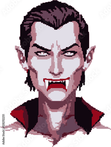Pixel illustration portrait of an ancient aristocrat vampire with long fangs