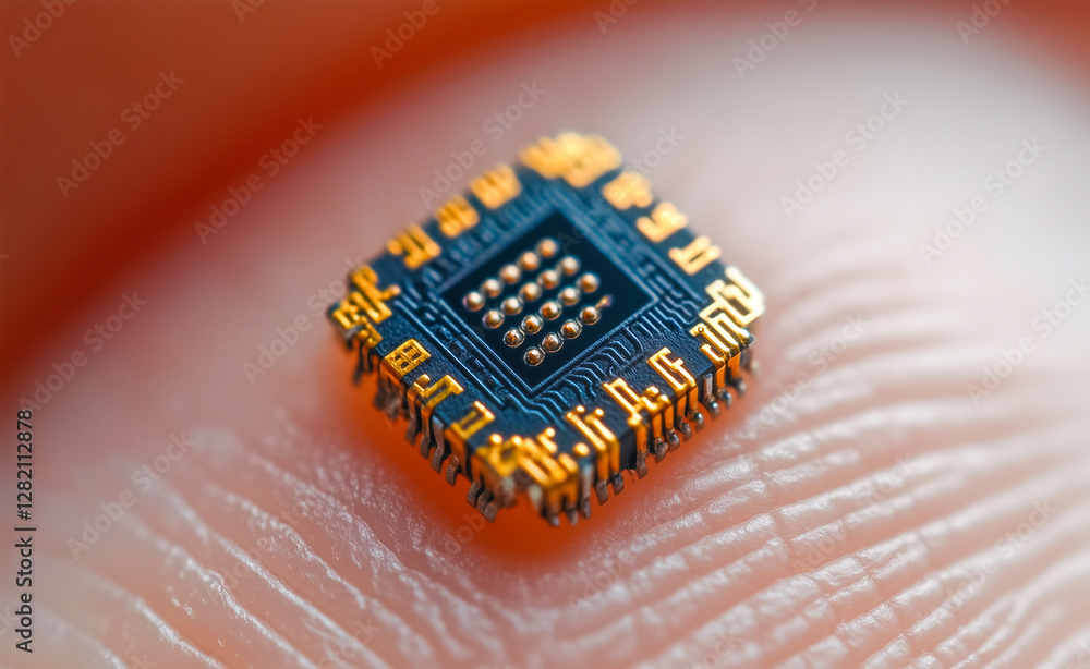 Close-up view of a microchip resting on a fingertip showcasing intricate details and technology at work Close-up view of a microchip resting on a fingertip showcasing intricate details and technology at work