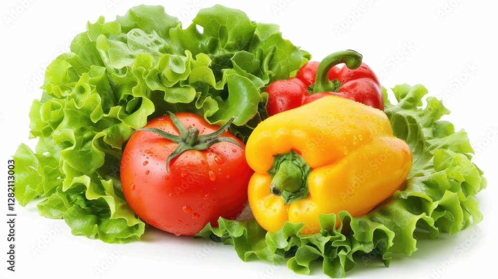 A cheerful arrangement of tomatoes, peppers, and lettuce sits gracefully on a soft, neutral backdrop. A cheerful arrangement of tomatoes, peppers, and lettuce sits gracefully on a soft, neutral backdrop.