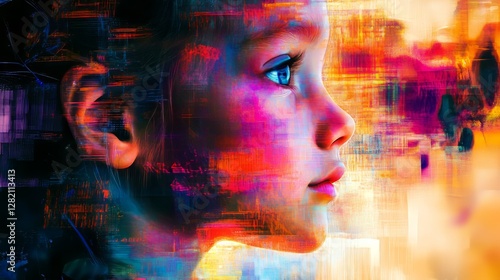 digital chromatic glitch textures with neon effects, vibrant and artistic composition, textured and modern design, bold and glowing tones