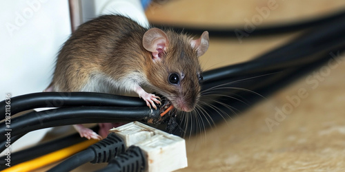 Close-up view of a rat chewing on electrical wires. Generative AI