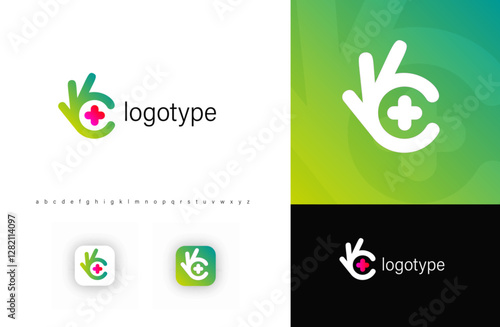 Modern medical logo featuring an OK hand gesture with a cross, symbolizing healthcare and wellness. Ideal for clinics, hospitals, pharmacies, and medical services. Isolated vector logo