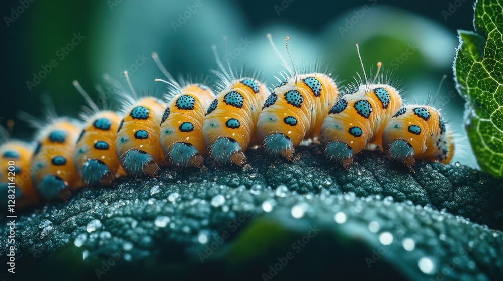 Close-up of vibrant caterpillars on a dew-covered leaf, showcasing nature's intricate details Close-up of vibrant caterpillars on a dew-covered leaf, showcasing nature's intricate details