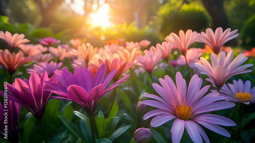 A stunning display of balloon flowers blooming in shades of purple and pink in a sunlit garden A stunning display of balloon flowers blooming in shades of purple and pink in a sunlit garden