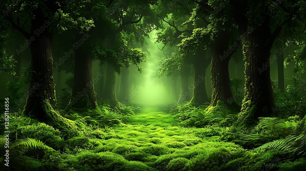 Obraz premium A tranquil forest with sunlight filtering through dense trees, casting dappled patterns on the mossy ground