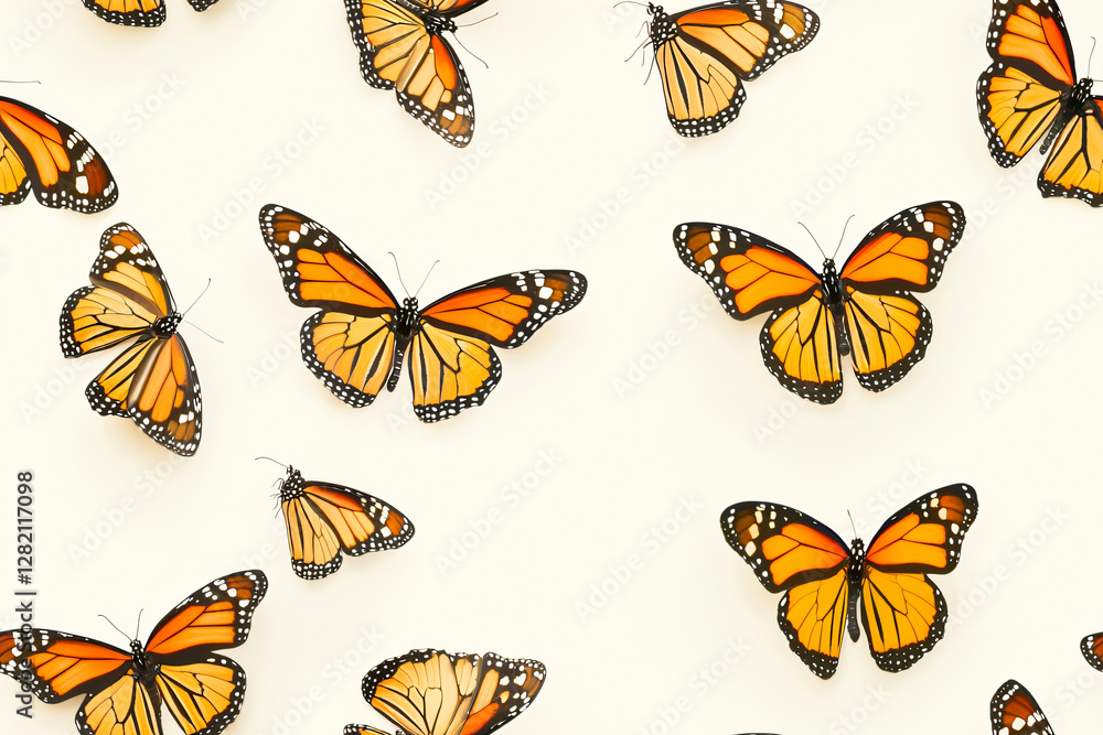 seamless background pattern of vibrant monarch butterflies in flight, wings spread against soft cream background seamless background pattern of vibrant monarch butterflies in flight, wings spread against soft cream background