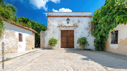 Historic Courtyard with Wooden Door and Lush Greenery in Mexico