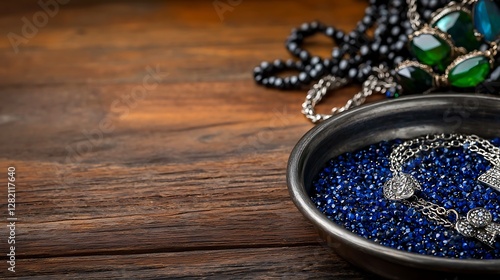 Elegant jewelry displayed in a decorative bowl filled with blue beads on a rustic wooden table photo