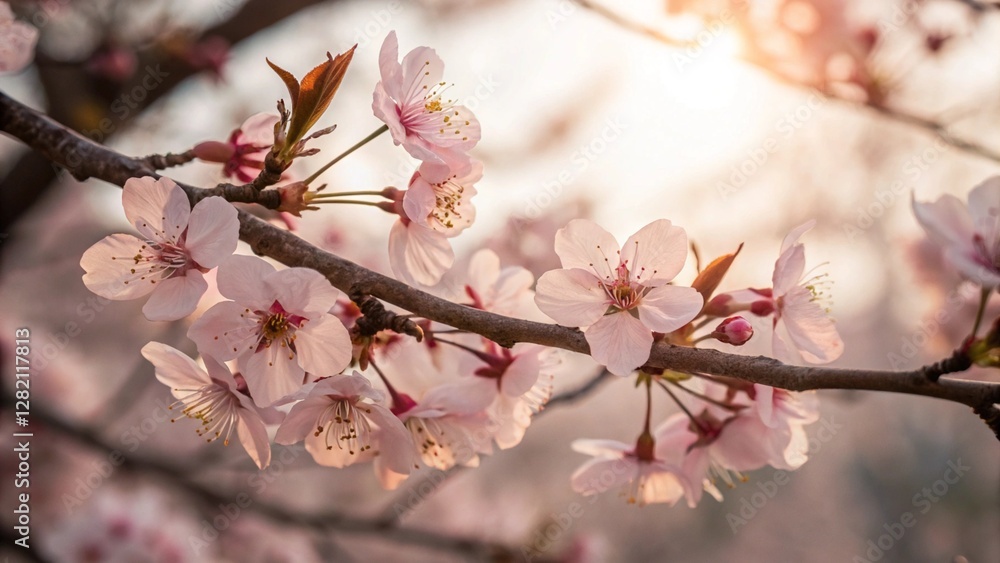 Cherry Blossoms in Bloom with Soft Sunlight Cherry Blossoms in Bloom with Soft Sunlight