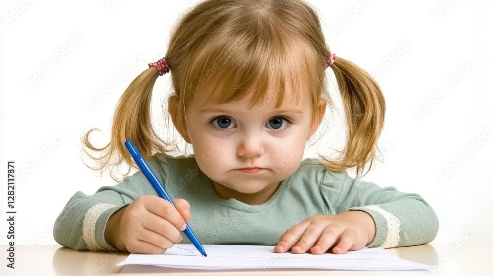 Little girl with pigtails drawing seriously at a table on white background Little girl with pigtails drawing seriously at a table on white background