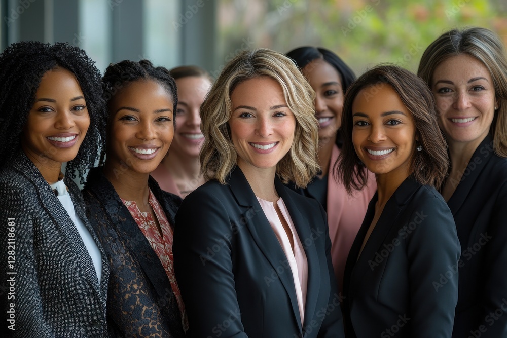 Diverse group of professional women posing confidently in an office setting during a business event on a sunny day Diverse group of professional women posing confidently in an office setting during a business event on a sunny day