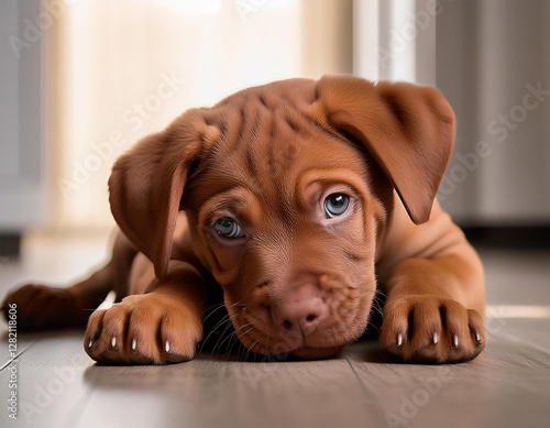 brown puppy scratching his ears with his feet on floor photo