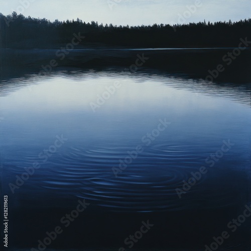 Serene lake ripples at dawn, tranquil forest background photo