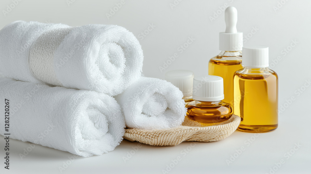 Arranged Natural Oils, Creams, and Serums Accompanied by Soft Towels, Set Against a Clean White Background Featuring an Expansive Blank Area for Custom Branding or Wellness-Related Messaging Arranged Natural Oils, Creams, and Serums Accompanied by Soft Towels, Set Against a Clean White Background Featuring an Expansive Blank Area for Custom Branding or Wellness-Related Messaging