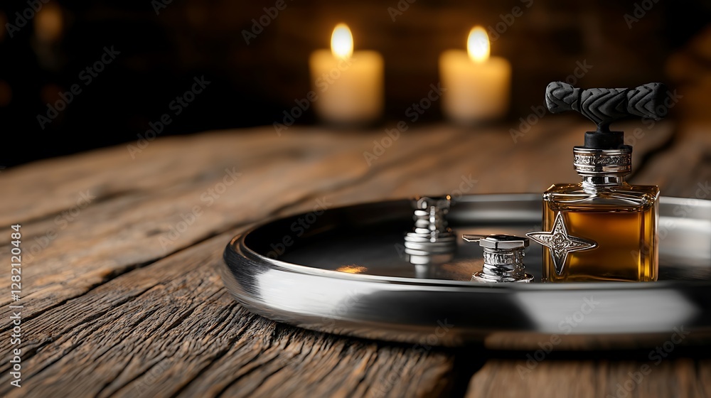 Fototapeta premium Elegant perfume bottle on a silver tray with candles glowing softly in the background