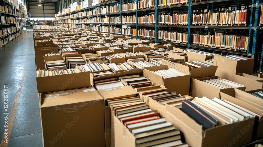 Obraz premium Books packed in cardboard boxes for distribution in a large warehouse facility