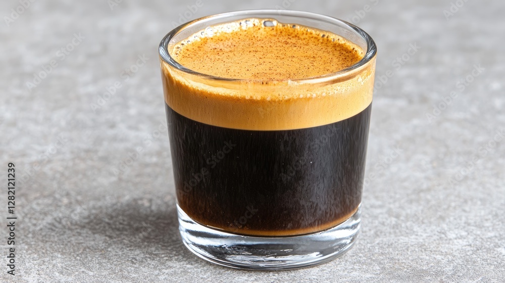 Espresso in glass, on a textured surface, close-up view. Possible use Stock photo for coffee shops, food blogs Espresso in glass, on a textured surface, close-up view. Possible use Stock photo for coffee shops, food blogs
