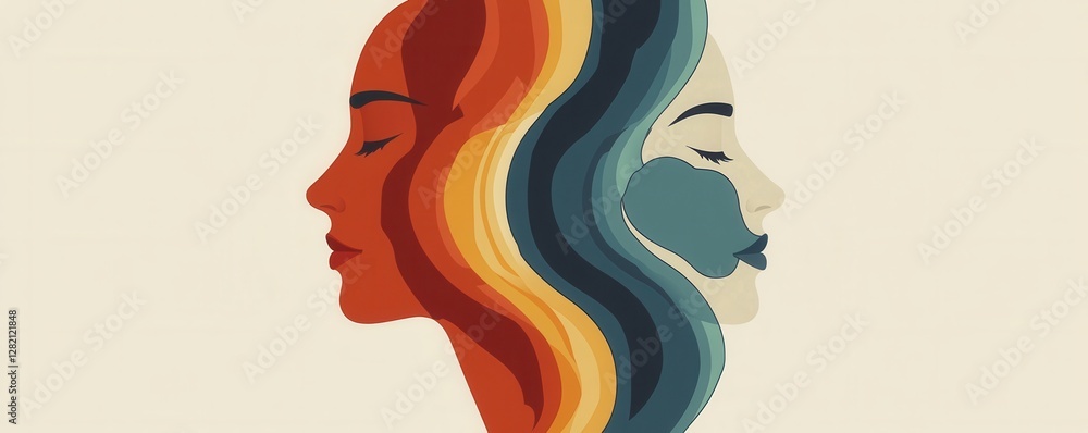Abstract Representation of Duality with Two Female Profiles in Contrasting Colors Abstract Representation of Duality with Two Female Profiles in Contrasting Colors