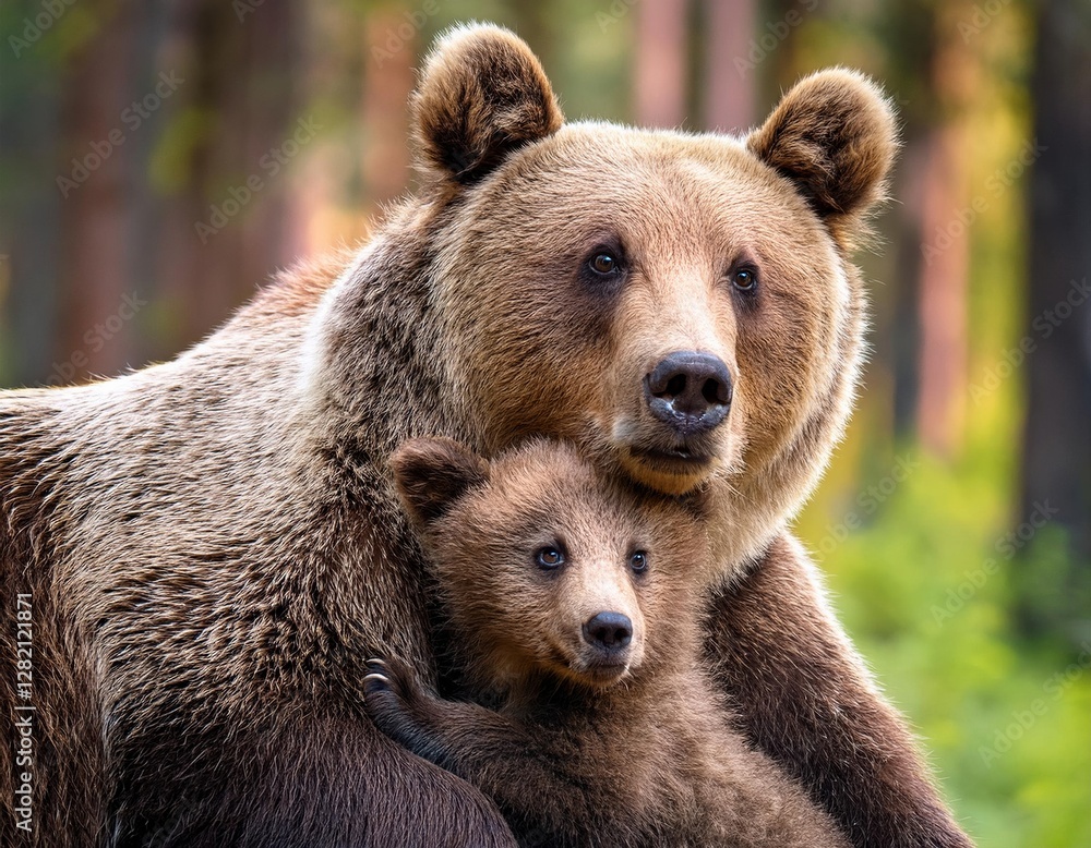 Mother bear embraces her cub in sunlit forest during early morning Mother bear embraces her cub in sunlit forest during early morning