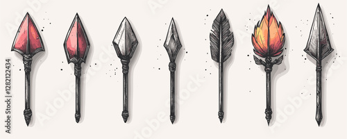 Flat icons set of arrows and spears in linear style.