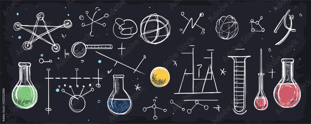 Flat linear science icons set: chemistry and physics vector illustrations. Flat linear science icons set: chemistry and physics vector illustrations.