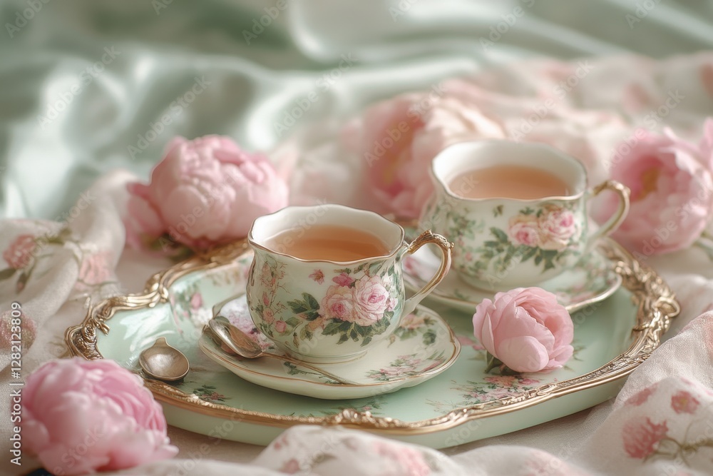Elegant tea set with intricate design on a silver tray, featuring two cups, a teapot, and delicate flowers, arranged on a soft blue fabric backdrop Elegant tea set with intricate design on a silver tray, featuring two cups, a teapot, and delicate flowers, arranged on a soft blue fabric backdrop
