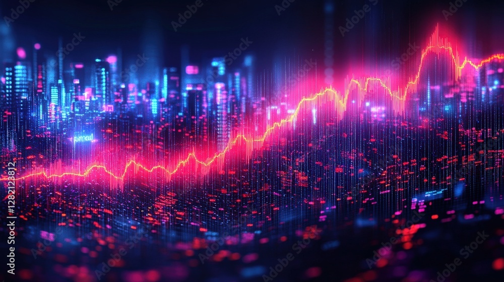 Vibrant digital cityscape with glowing data visualization and dynamic trends overlaid Vibrant digital cityscape with glowing data visualization and dynamic trends overlaid