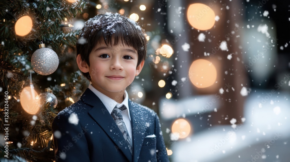 A charming young boy in a suit stands by a festive Christmas tree in falling snow. The scene captures holiday joy and innocence beautifully. A charming young boy in a suit stands by a festive Christmas tree in falling snow. The scene captures holiday joy and innocence beautifully.