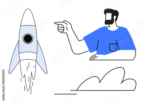 Man with beard in blue shirt points at a launching rocket over a curved line. Ideal for leadership, innovation, vision, entrepreneurship, goal-setting, space exploration, ambition themes. Minimalist