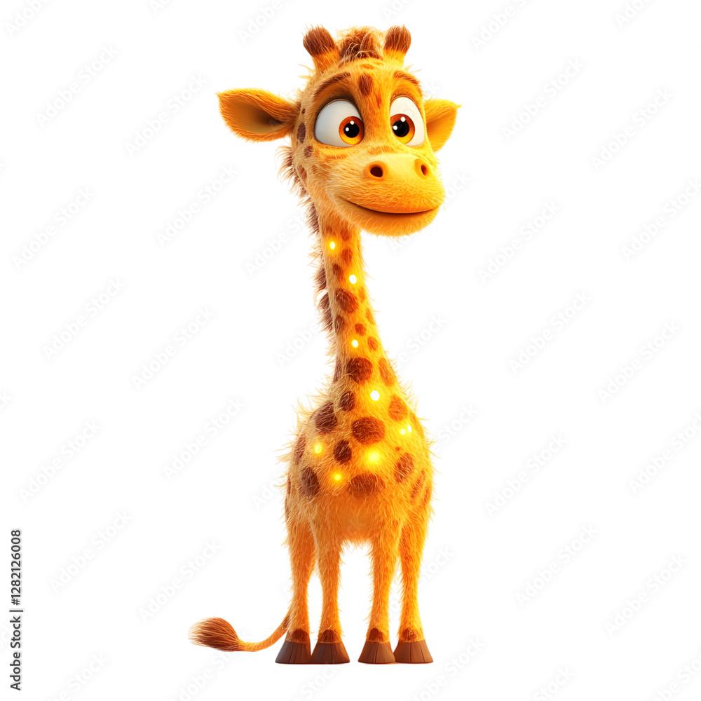 Fototapeta premium Fluffy 3D Cartoon Giraffe with Glowing Spots Isolated on Transparent Background