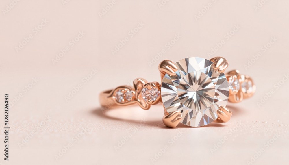 Elegant rose gold engagement ring on soft background, love symbol Elegant rose gold engagement ring on soft background, love symbol