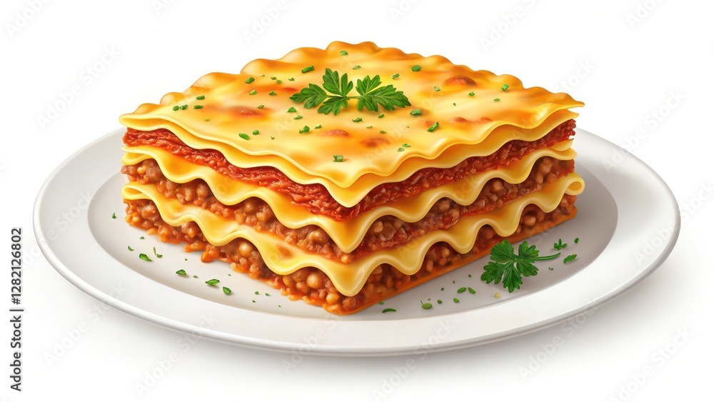 Illustration of Homemade Baked Lasagna Dish with Layers of Cheese and Meat in a Rustic Casserole Plated for Dinner Illustration of Homemade Baked Lasagna Dish with Layers of Cheese and Meat in a Rustic Casserole Plated for Dinner