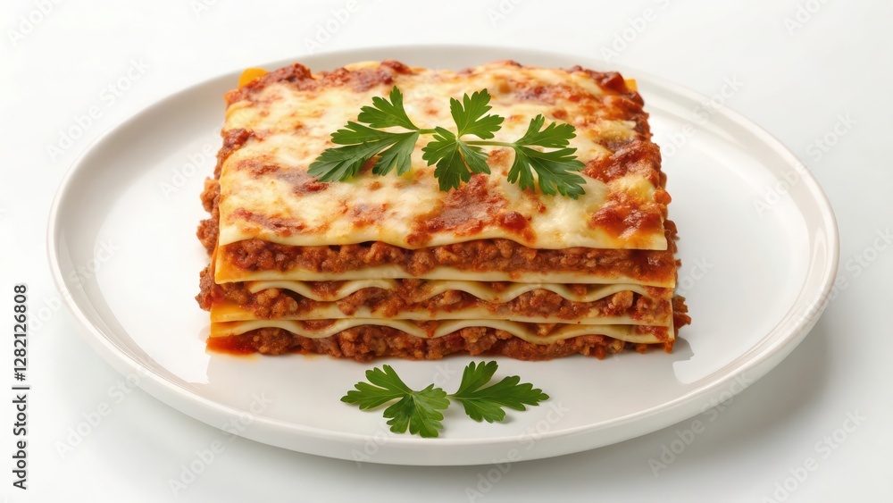 Homemade Baked Lasagna Dish with Layers of Cheese and Meat in a Rustic Casserole Plated for Dinner Homemade Baked Lasagna Dish with Layers of Cheese and Meat in a Rustic Casserole Plated for Dinner