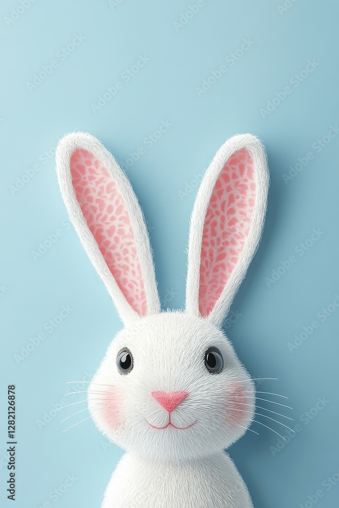 Obraz premium Adorable white bunny head illustration with blue background and pink accents